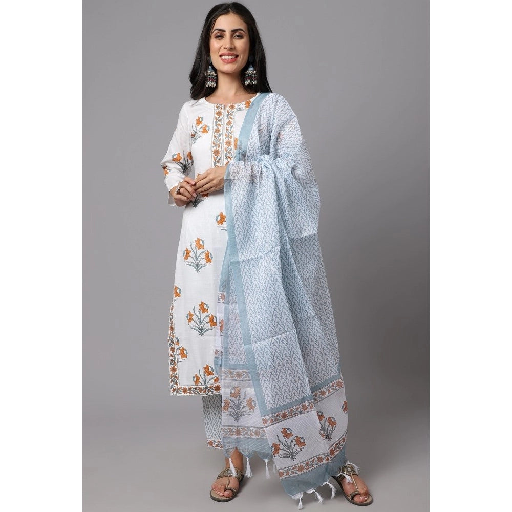 Cotton Blend Printed Work Kurti With Bottom And Dupatta Set