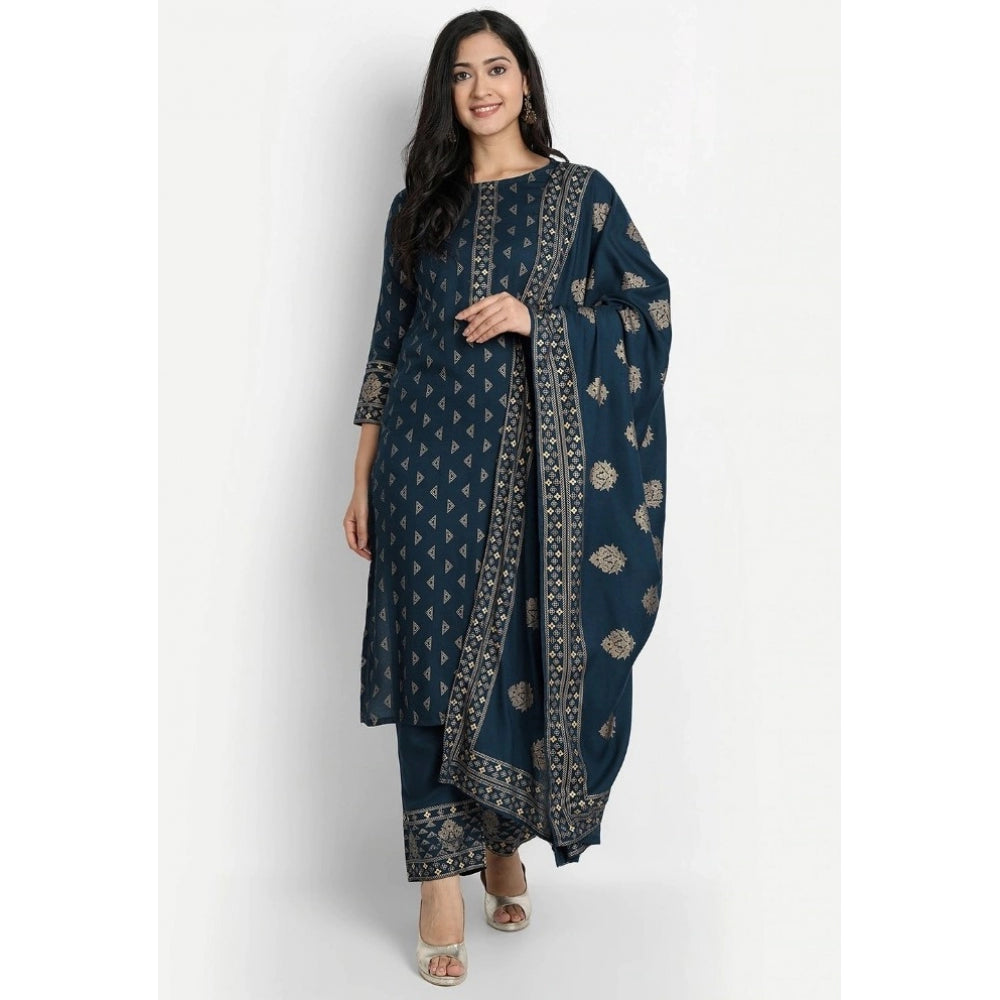 Cotton Blend Printed Work Kurti With Bottom And Dupatta Set