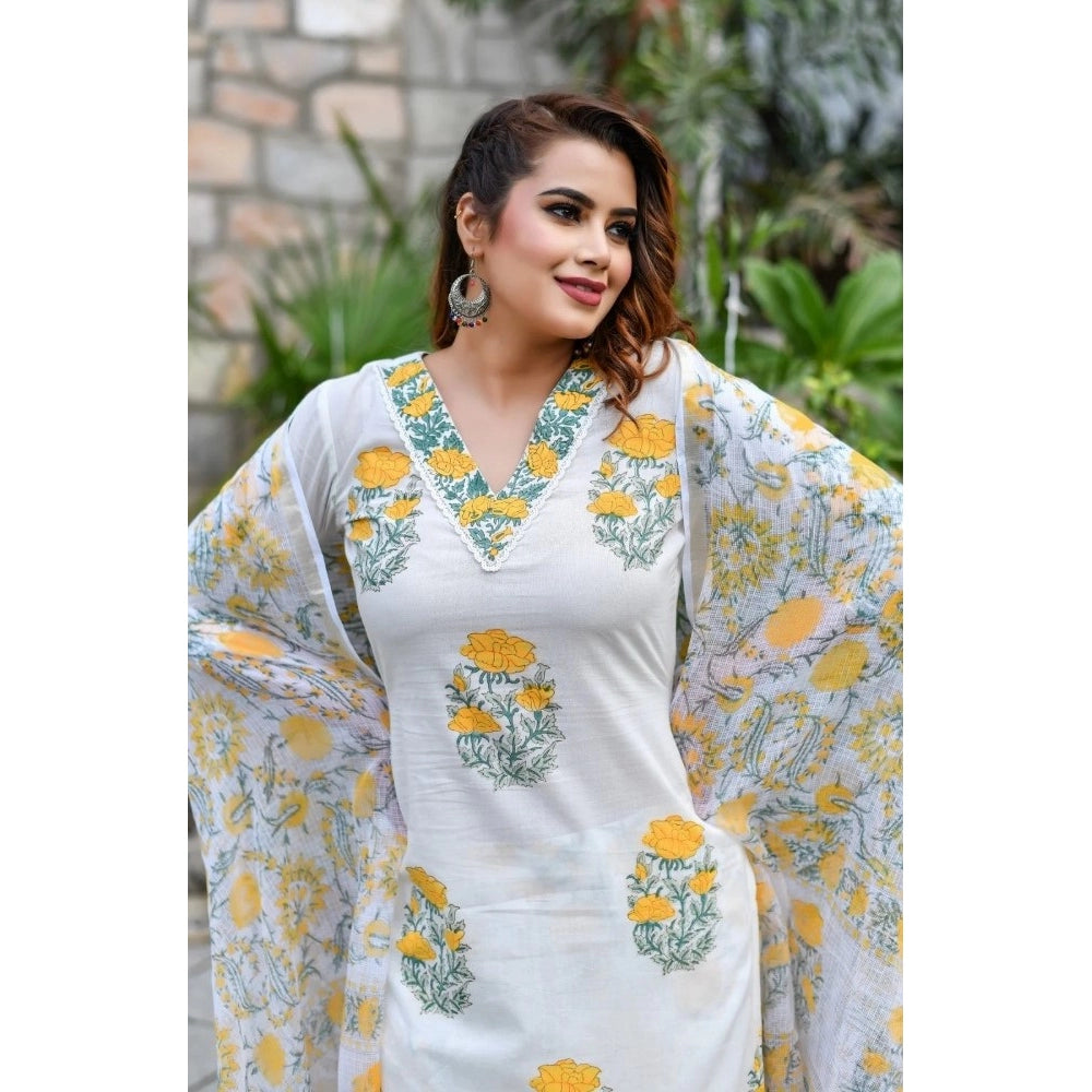 Cotton Blend Printed Work Kurti With Bottom And Dupatta Set