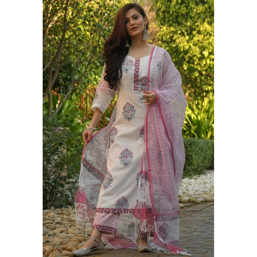 Cotton Blend Printed Work Kurti With Bottom And Dupatta Set