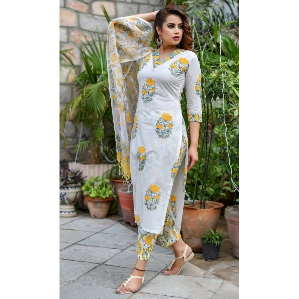 Cotton Blend Printed Work Kurti With Bottom And Dupatta Set