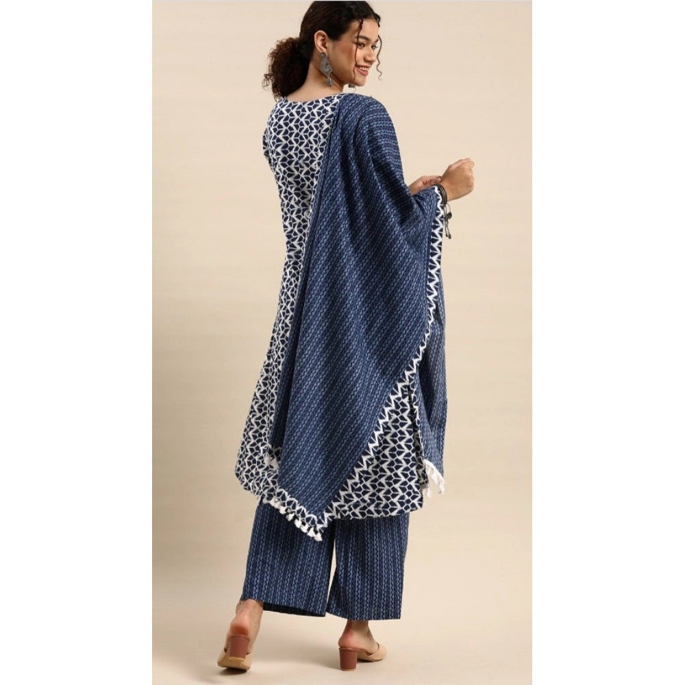 Cotton Blend Printed Work Kurti With Bottom And Dupatta Set