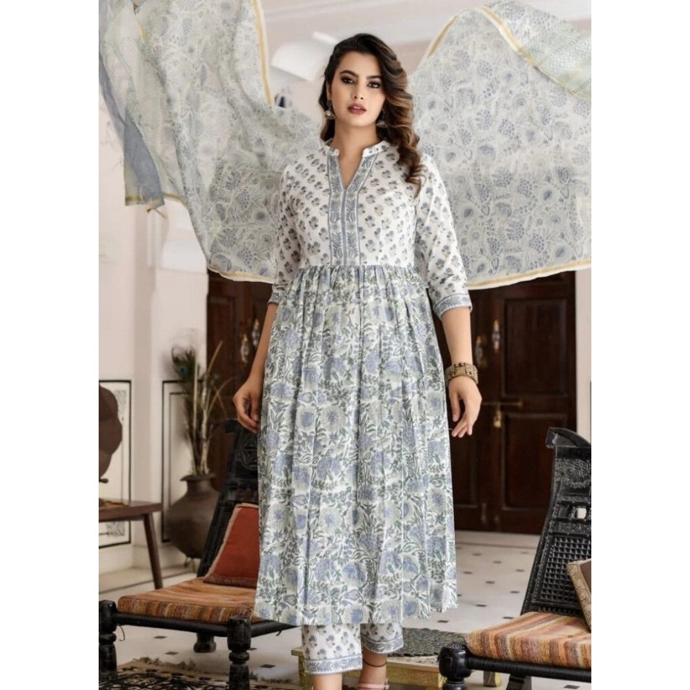 Cotton Blend Printed Work Kurti With Bottom And Dupatta Set