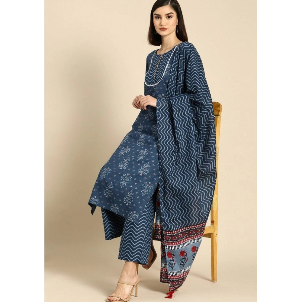 Cotton Blend Printed Work Kurti With Bottom And Dupatta Set