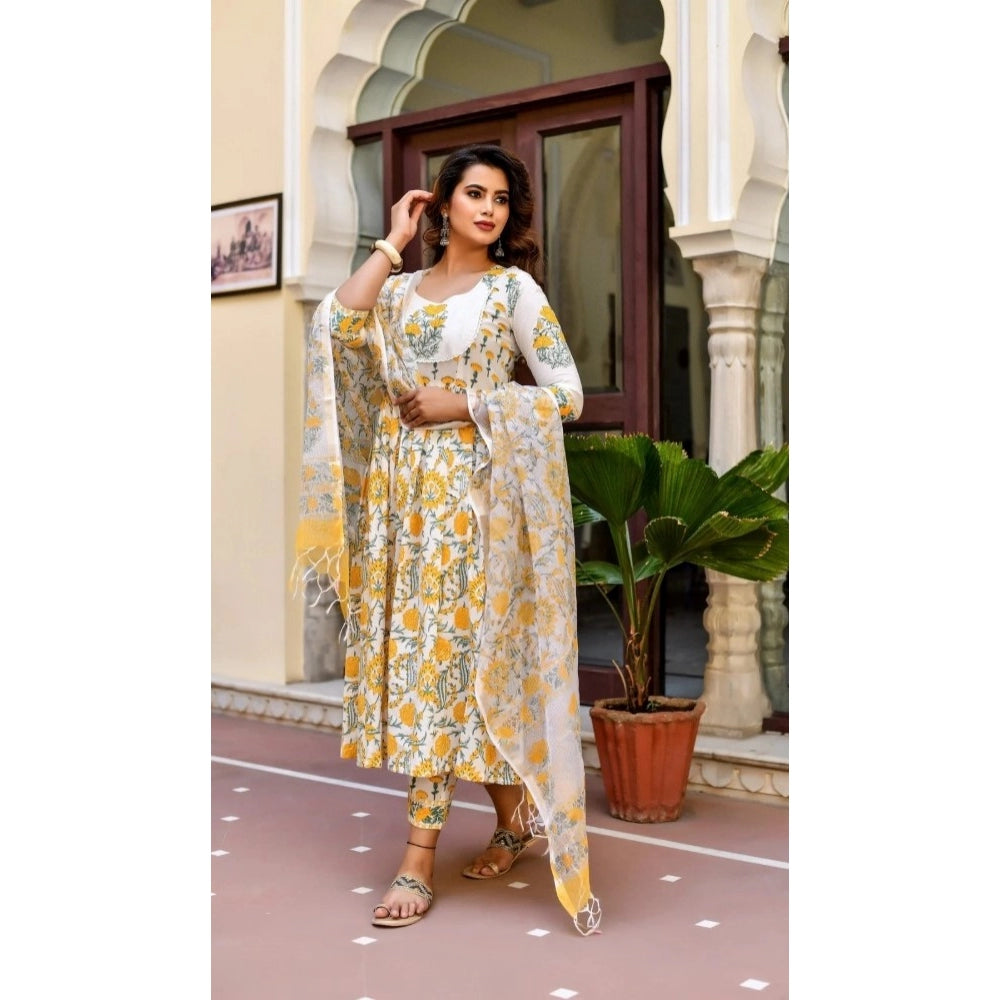 Cotton Blend Printed Work Kurti With Bottom And Dupatta Set