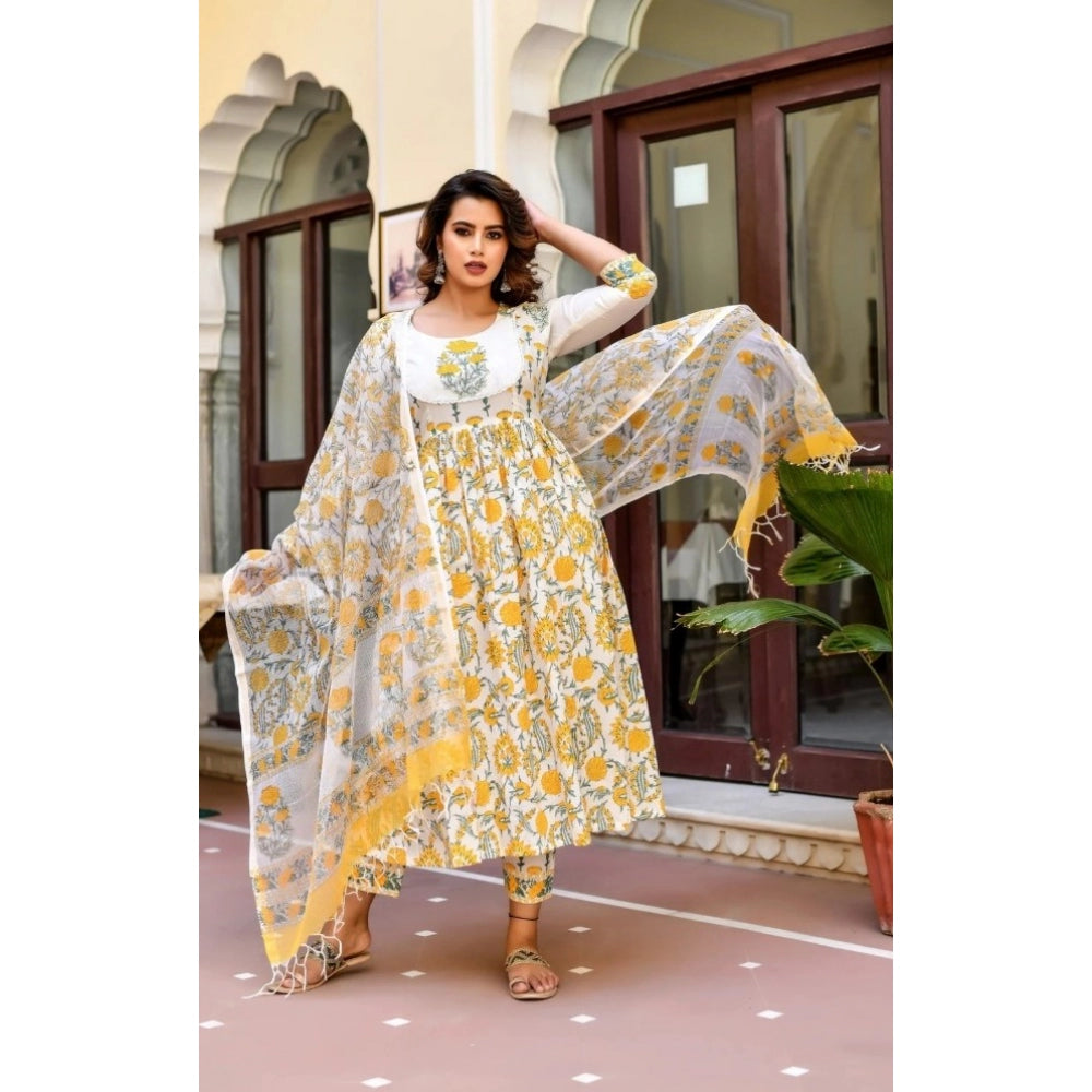 Cotton Blend Printed Work Kurti With Bottom And Dupatta Set