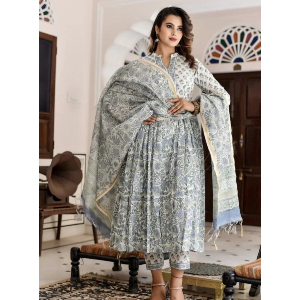 Cotton Blend Printed Work Kurti With Bottom And Dupatta Set