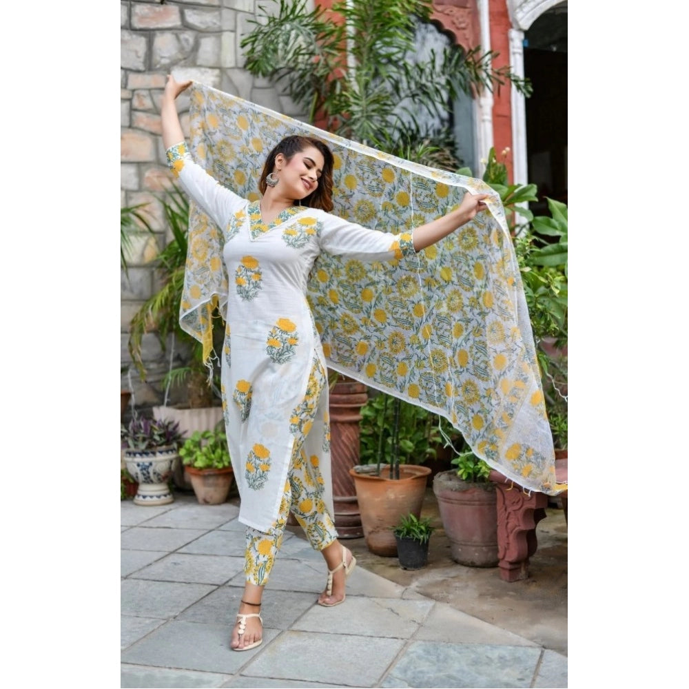 Cotton Blend Printed Work Kurti With Bottom And Dupatta Set