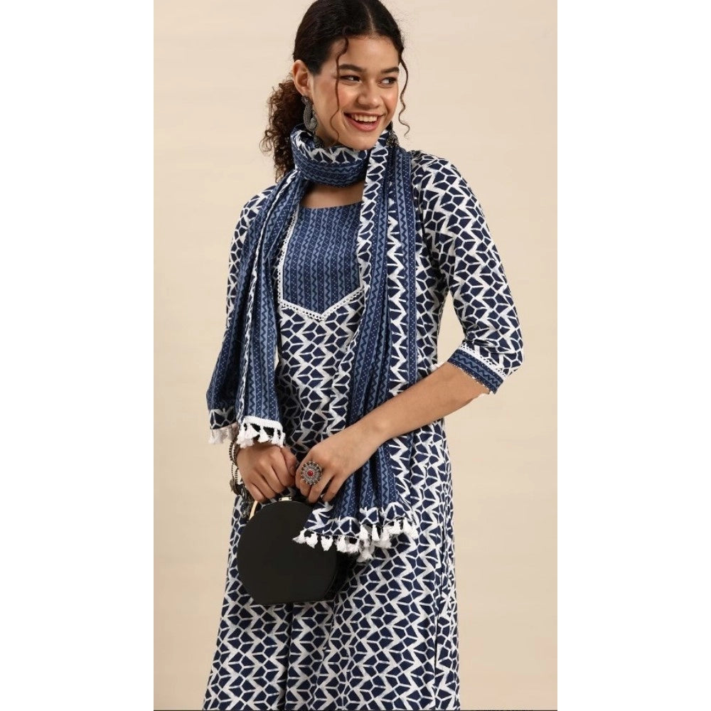 Cotton Blend Printed Work Kurti With Bottom And Dupatta Set