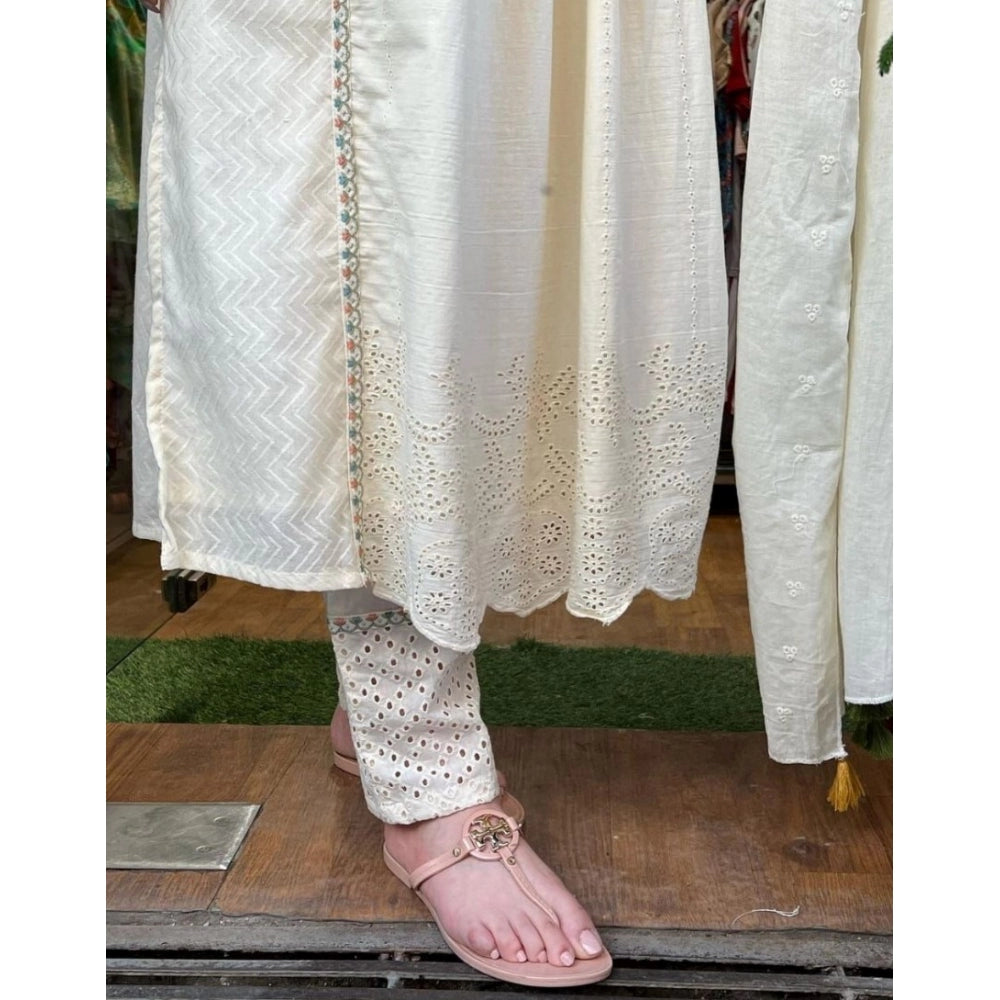 Embroidered Cotton Cotton Chikankari Kurti With Pants And Stall Dupatta