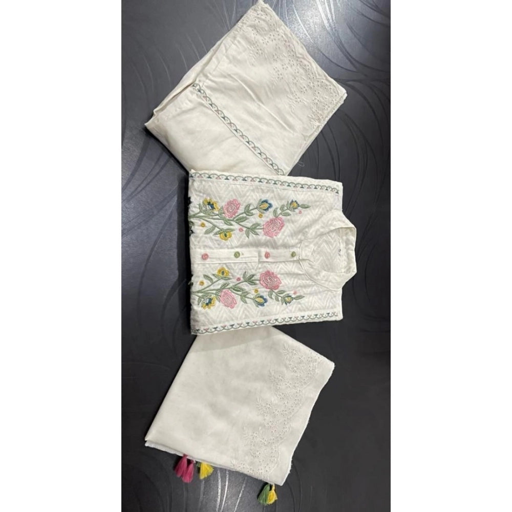 Embroidered Cotton Cotton Chikankari Kurti With Pants And Stall Dupatta