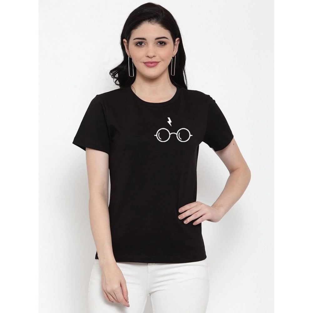 Cotton Blend Left Corner Black Eye Glasses Line Art Printed T-Shirt