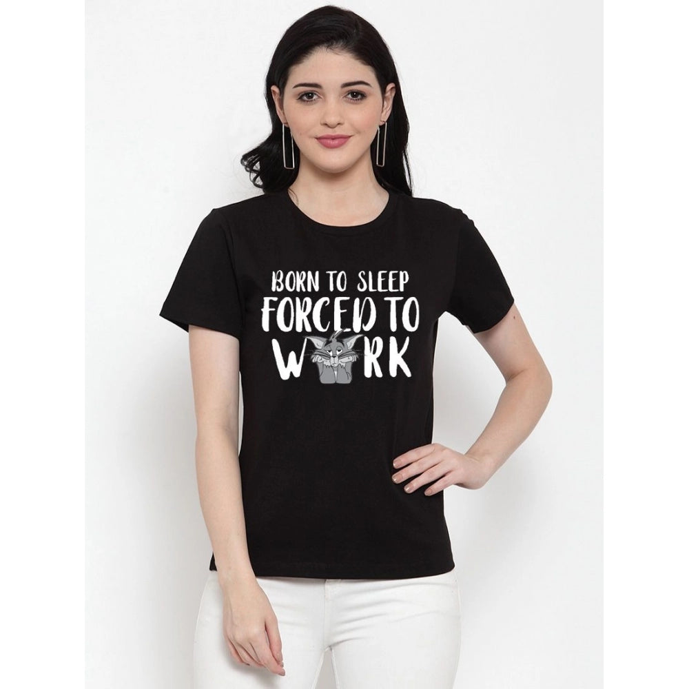 Cotton Blend Born To Sleep Forced To Work Printed T-Shirt