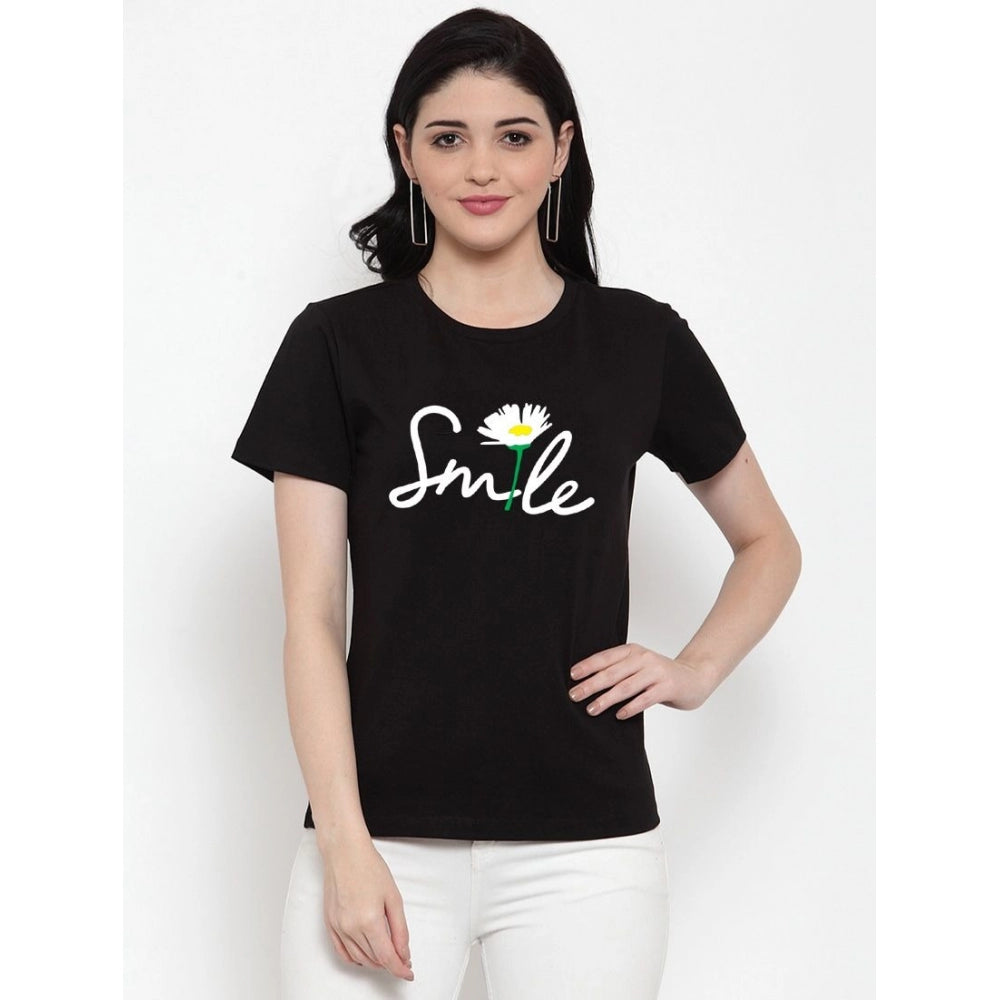 Cotton Blend Smile With Flower Printed T-Shirt