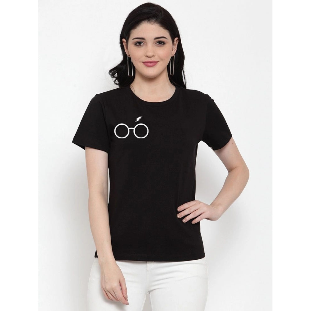 Cotton Blend Right Corner Black Eye Glasses Line Art Printed T-Shirt