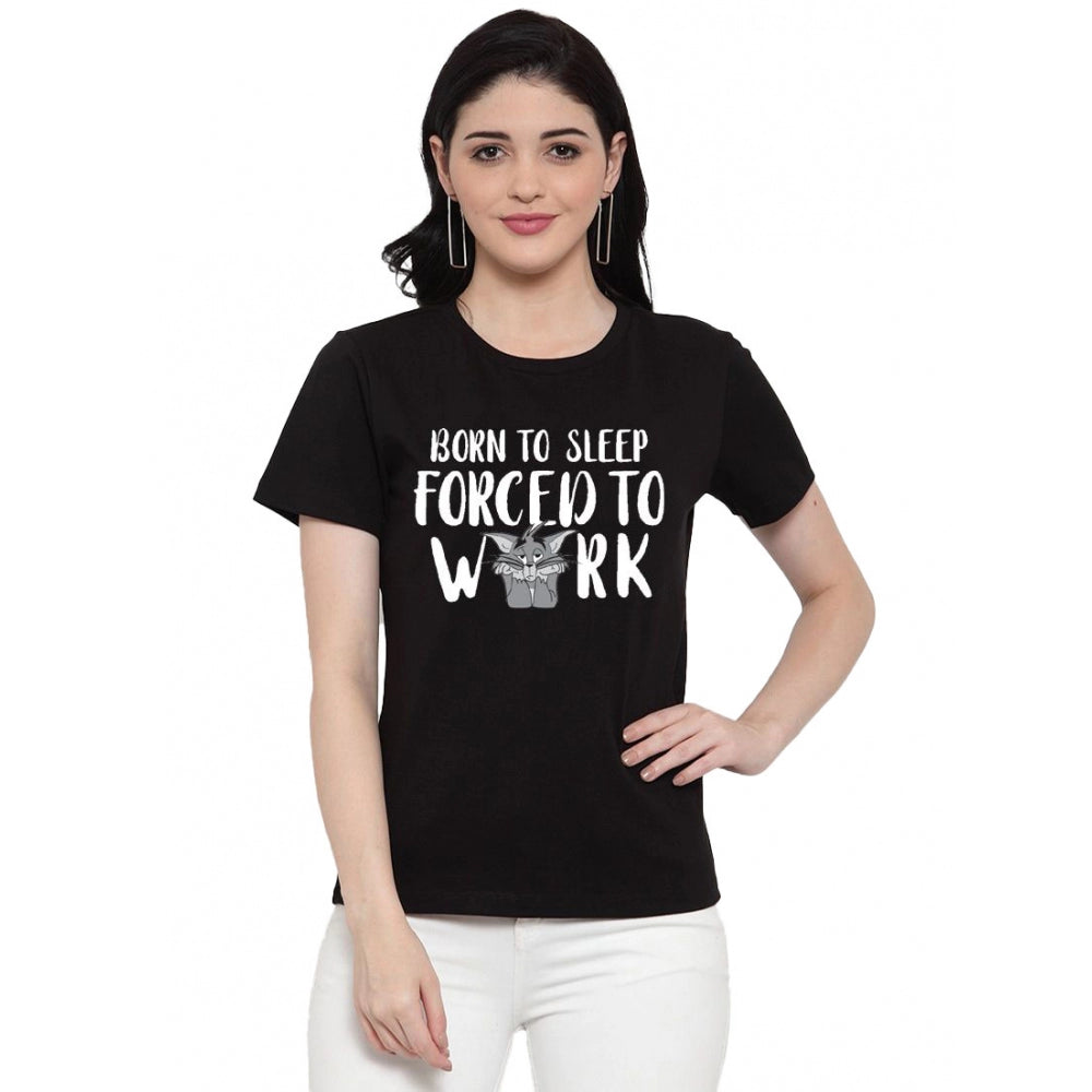 Cotton Blend Born To Sleep Forced To Work Printed T-Shirt