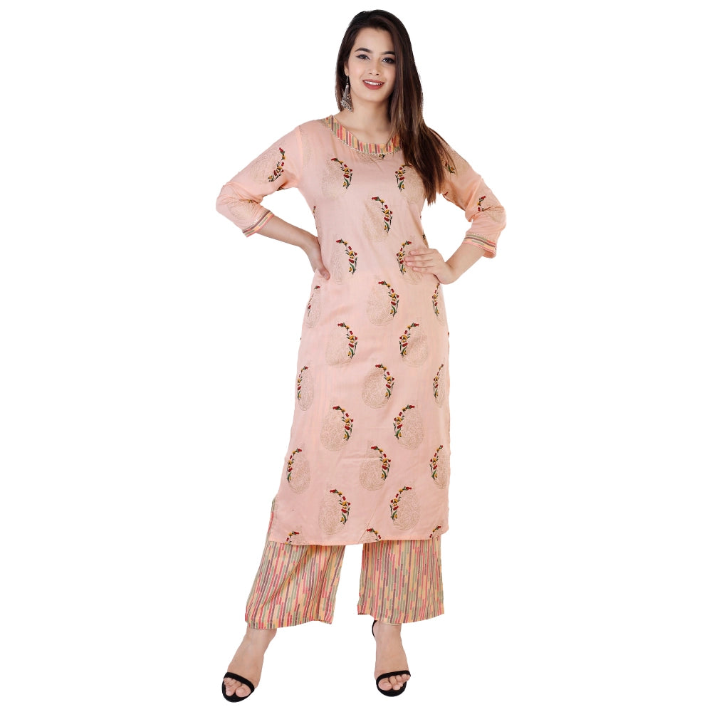 Casual 3/4 Sleeve Printed Rayon Kurti With Palazzo Set