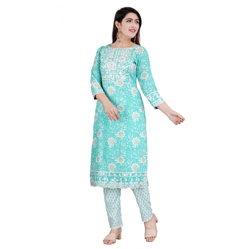 Casual 3/4 Sleeve Embroidered Rayon Kurti With Pant And Dupatta Set