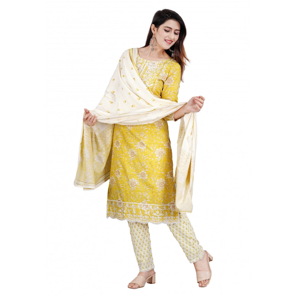 Casual 3/4 Sleeve Embroidered Rayon Kurti With Pant And Dupatta Set