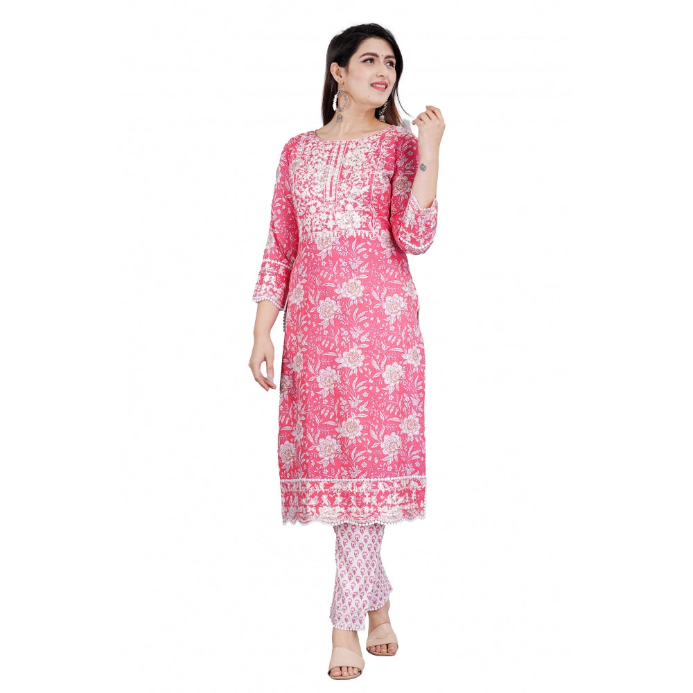 Casual 3/4 Sleeve Embroidered Rayon Kurti With Pant And Dupatta Set