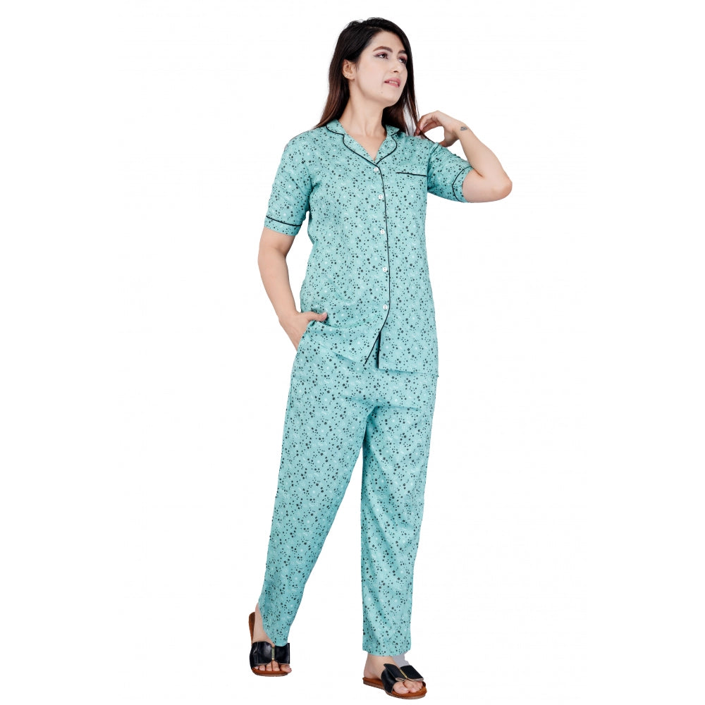 Casual Half Sleeve Printed Viscose Rayon Shirt With Pyjama Pant Night Suit Set