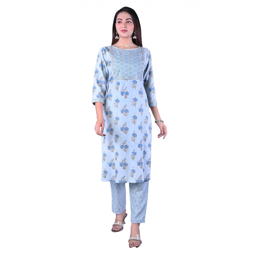 Casual 3/4 Sleeve Printed Rayon Kurti With Pant Set