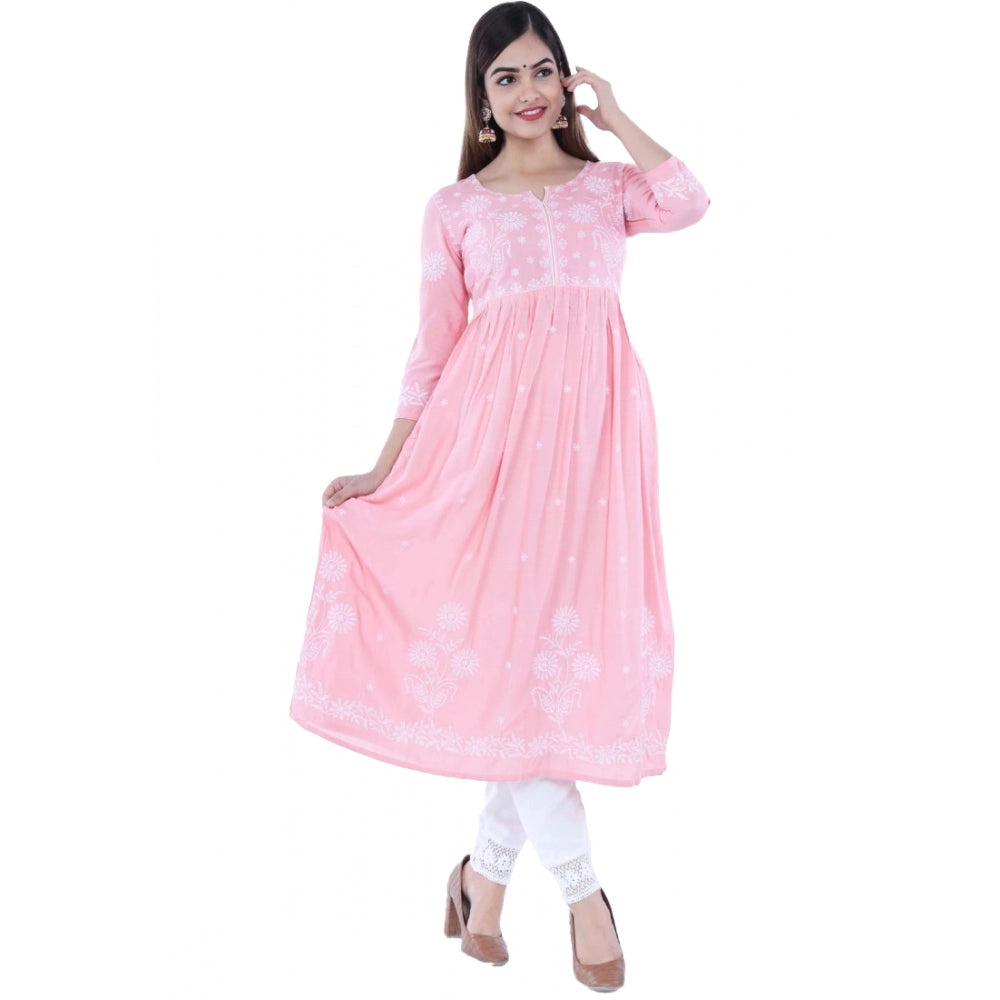 Casual 3/4 Sleeve Embroidered Rayon Kurti Set