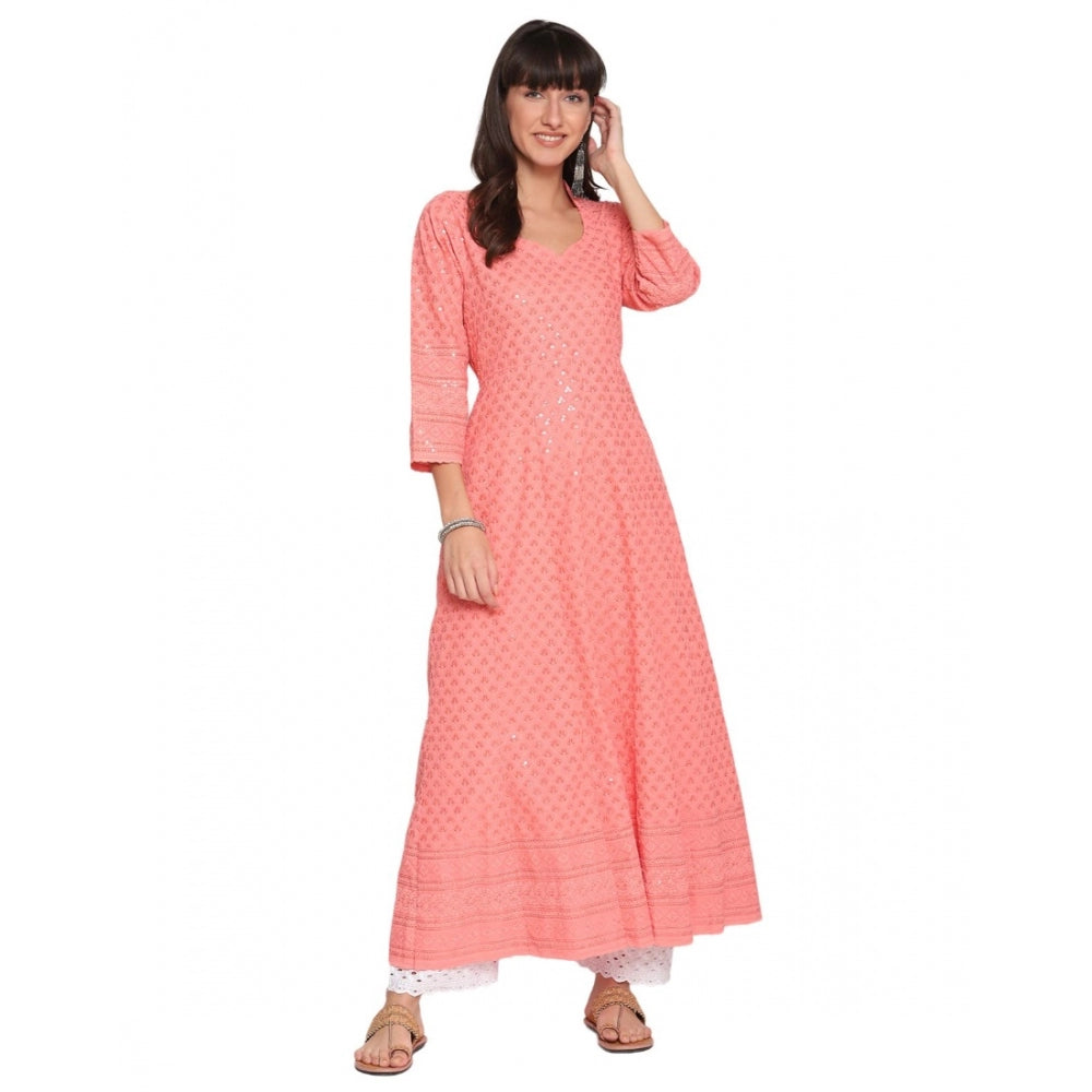 Casual 3/4th Sleeve Chikan Embroidery Cotton Kurti