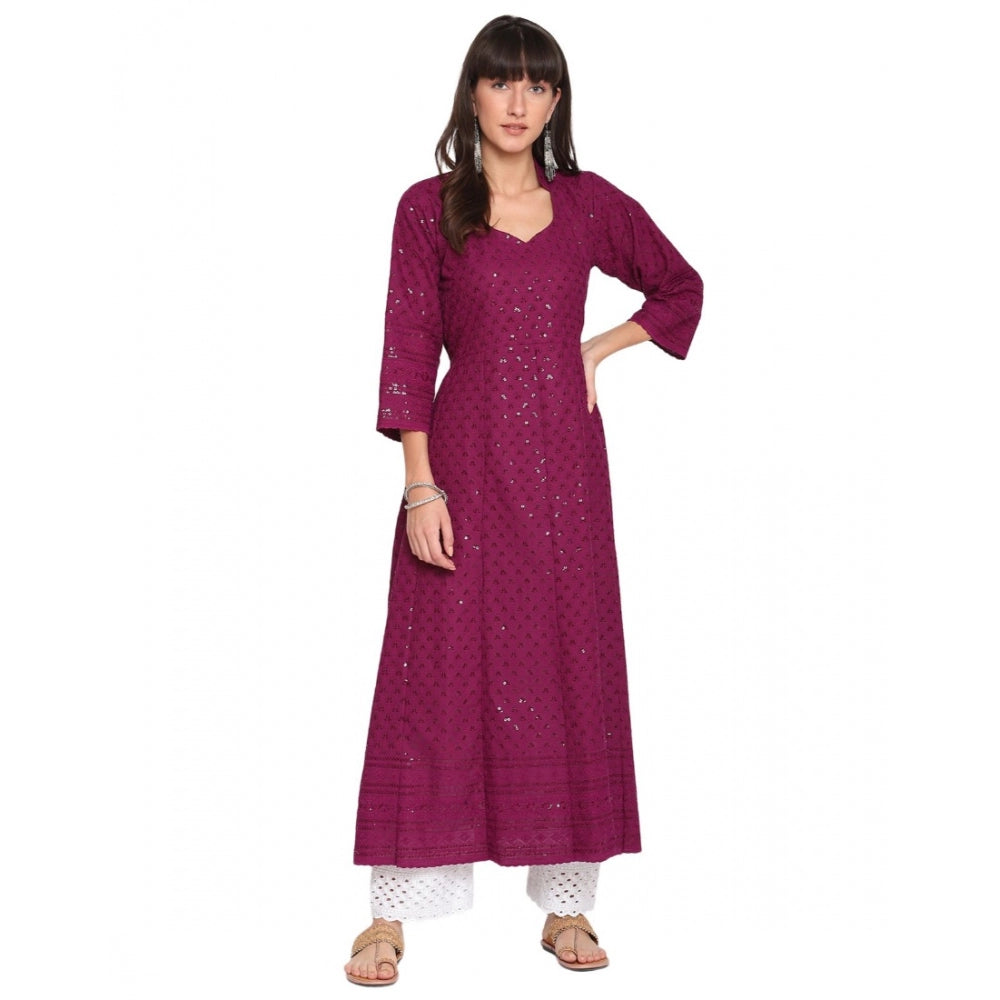 Casual 3/4th Sleeve Chikan Embroidery Cotton Kurti