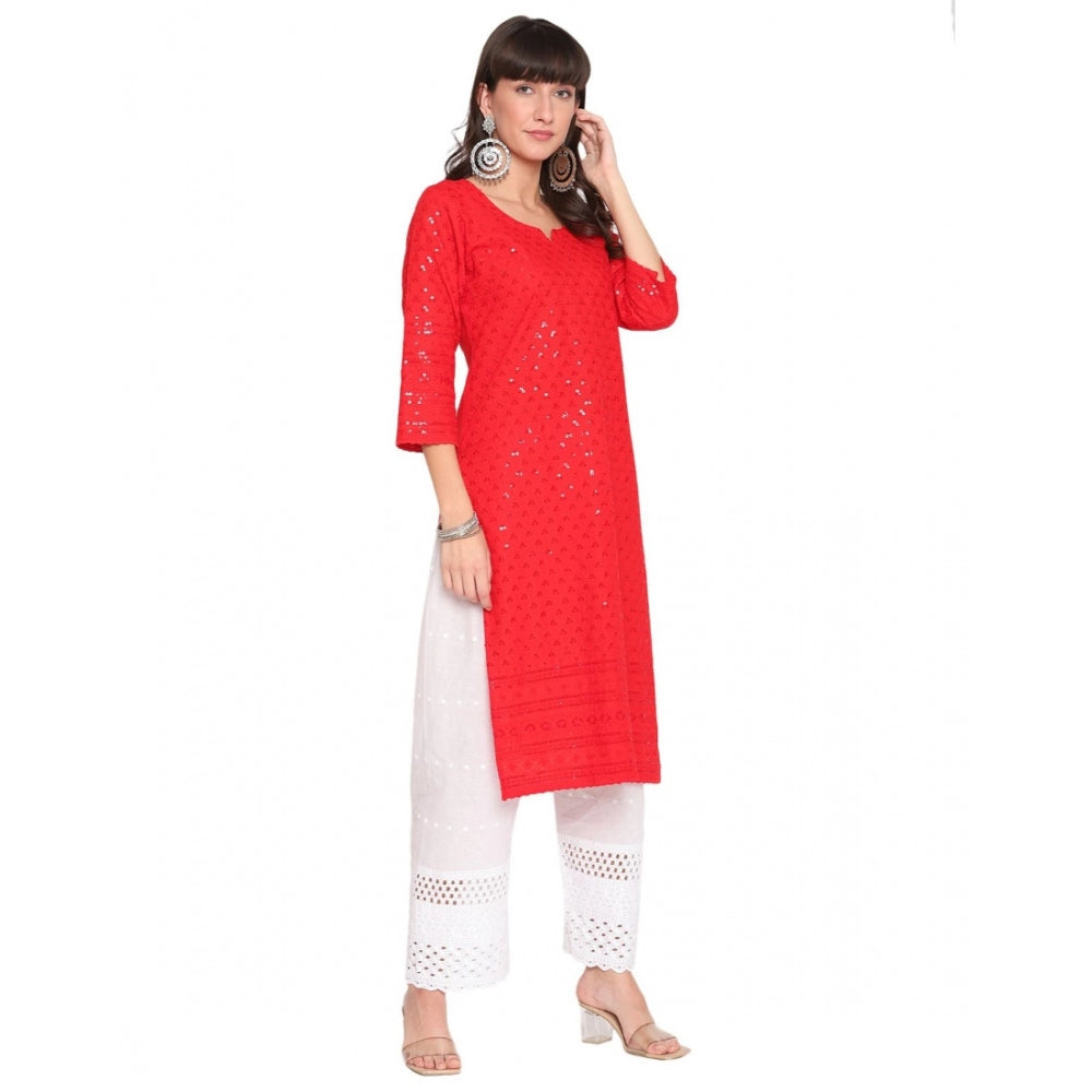 Casual 3/4th Sleeve Chikan Embroidery Cotton Kurti