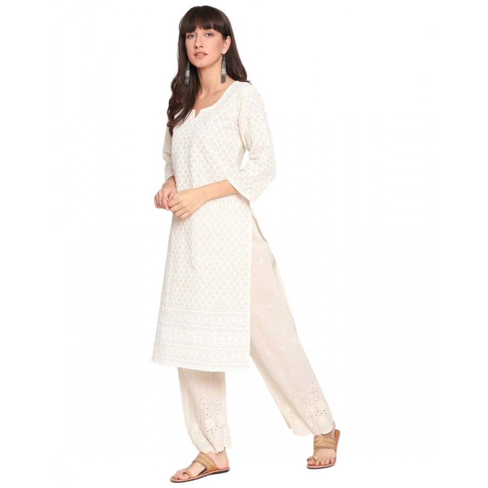 Casual 3/4th Sleeve Chikan Embroidery Cotton Kurti