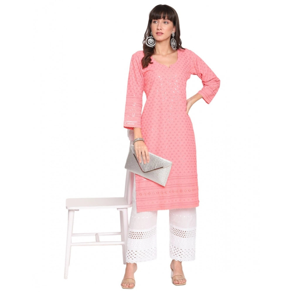 Casual 3/4th Sleeve Chikan Embroidery Cotton Kurti