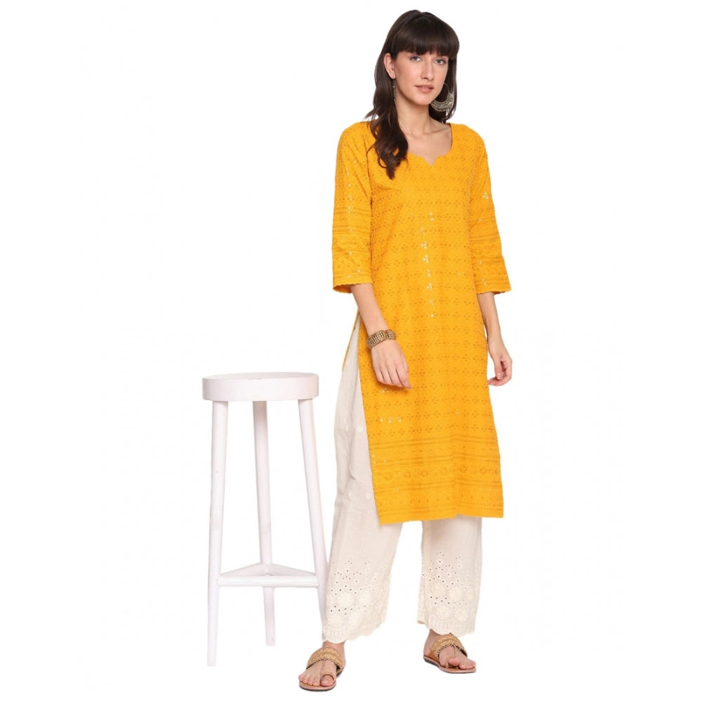 Casual 3/4th Sleeve Chikan Embroidery Cotton Kurti