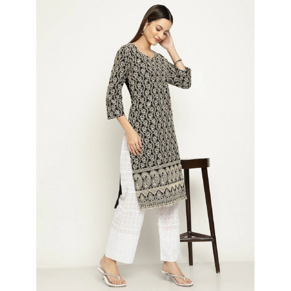 Casual 3/4th Sleeve Chikan Embroidery Cotton Kurti