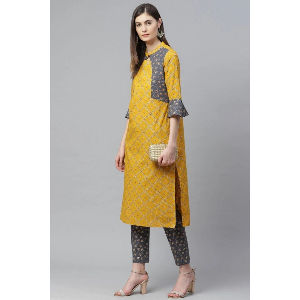 Casual Bell Sleeves Geomatrical Printed Cotton Kurti Set