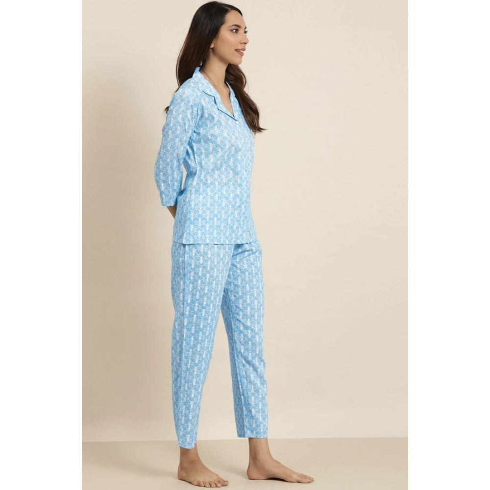 Casual 3/4 th Sleeve Floral Printed Rayon Shirt With Pyjama Pant Night Suit Set