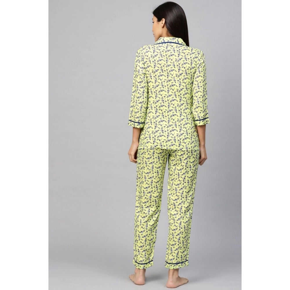 Casual 3/4 Sleeve Floral Printed Rayon Shirt With Pyjama Pant Night Suit Set