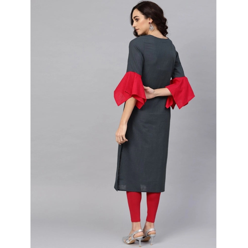 Casual Bell Sleeves Mirror Work Cotton Slub Kurti