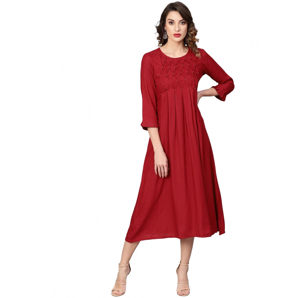 Casual 3/4 th Sleeve Solid Rayon Dobby Dress