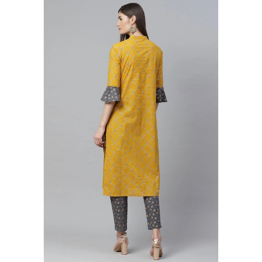 Casual Bell Sleeves Geomatrical Printed Cotton Kurti Set