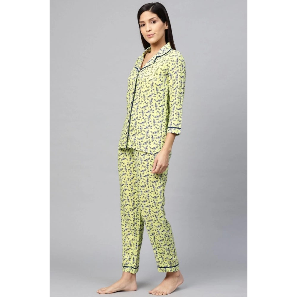 Casual 3/4 Sleeve Floral Printed Rayon Shirt With Pyjama Pant Night Suit Set