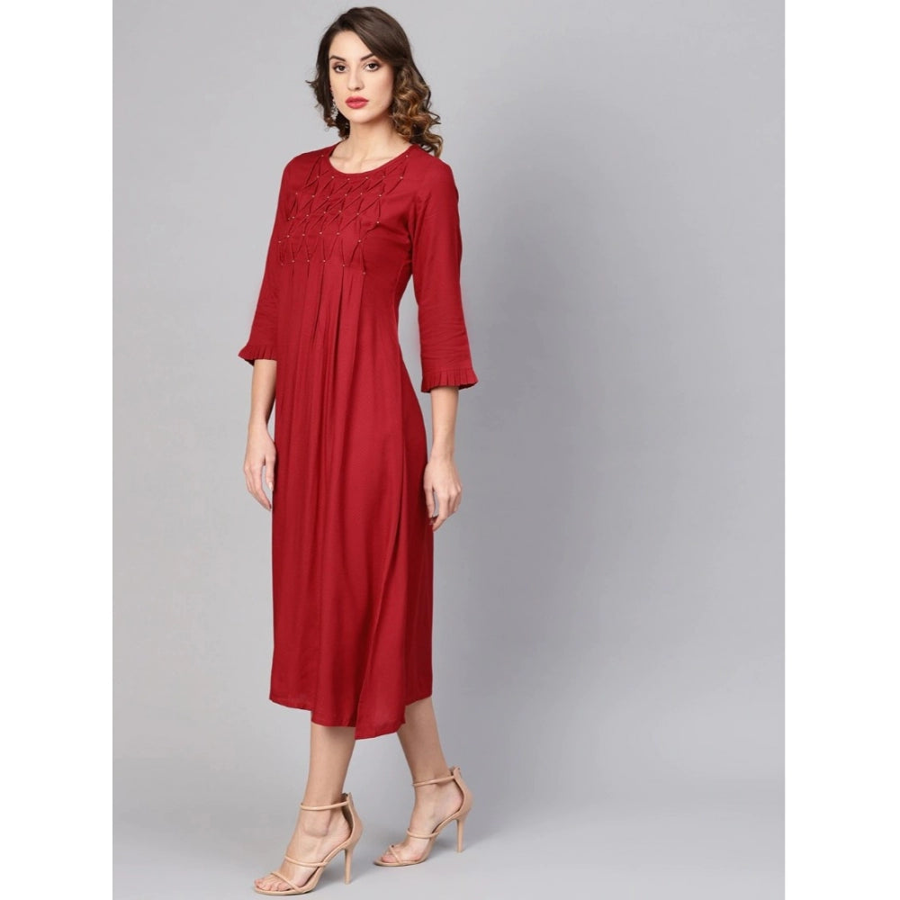 Casual 3/4 th Sleeve Solid Rayon Dobby Dress