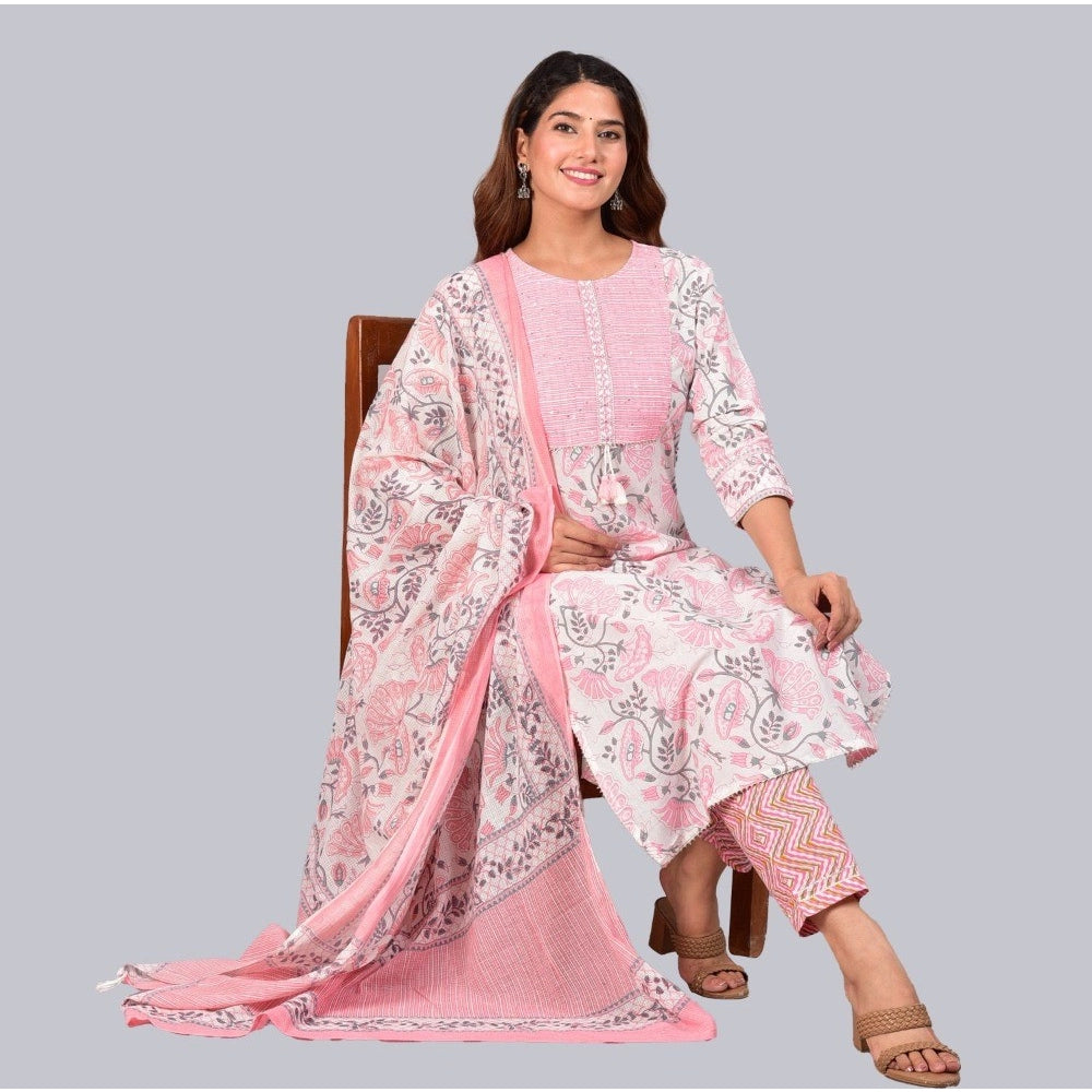 Casual 3/4 th Sleeve Floral Printed Cotton Kurti &amp; Pant With Dupatta