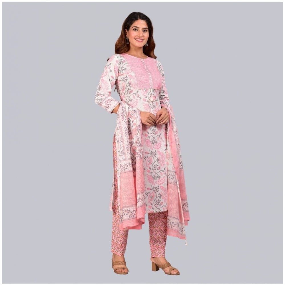 Casual 3/4 th Sleeve Floral Printed Cotton Kurti &amp; Pant With Dupatta