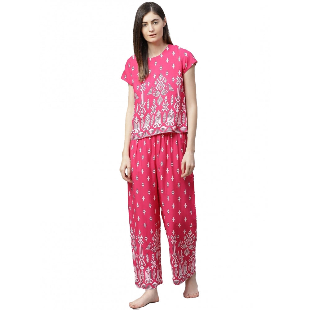 Casual Short Sleeve Printed Rayon Pajama Set