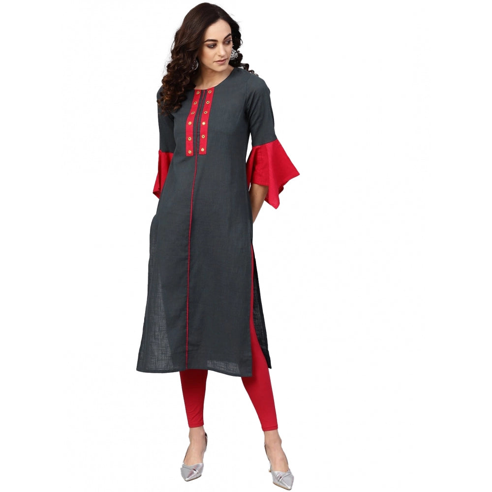 Casual Bell Sleeves Mirror Work Cotton Slub Kurti