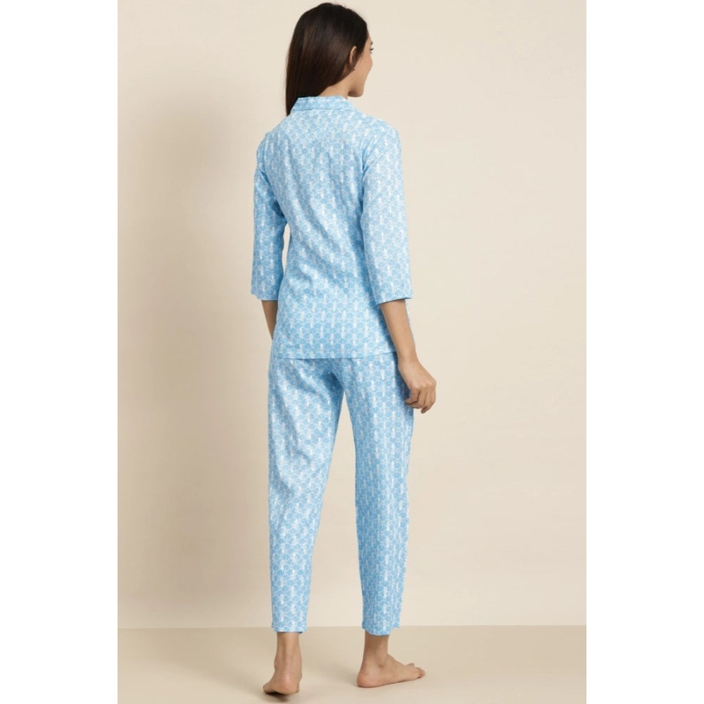 Casual 3/4 th Sleeve Floral Printed Rayon Shirt With Pyjama Pant Night Suit Set