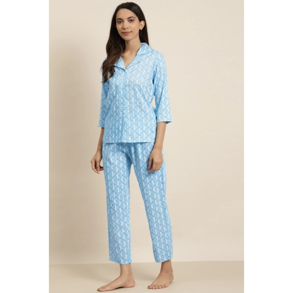 Casual 3/4 th Sleeve Floral Printed Rayon Shirt With Pyjama Pant Night Suit Set