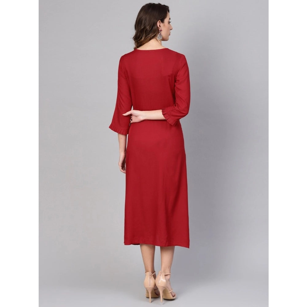 Casual 3/4 th Sleeve Solid Rayon Dobby Dress