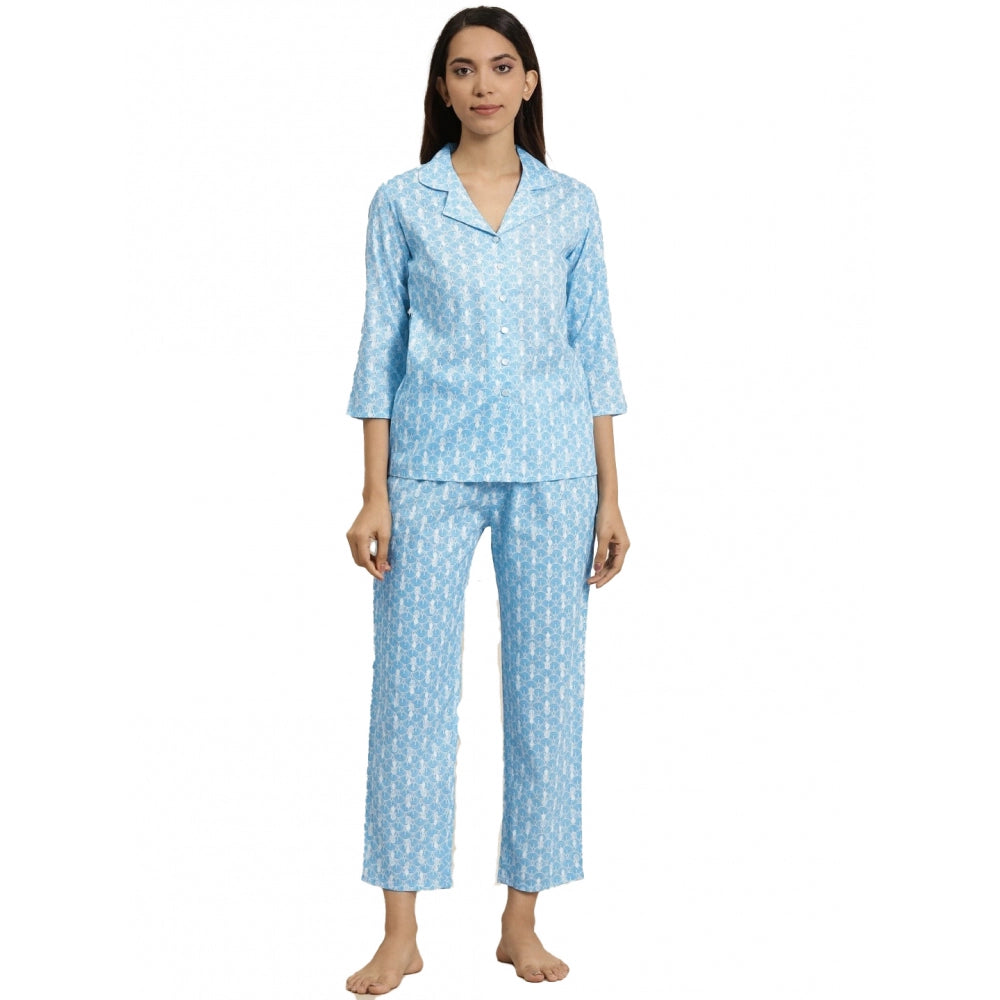 Casual 3/4 th Sleeve Floral Printed Rayon Shirt With Pyjama Pant Night Suit Set